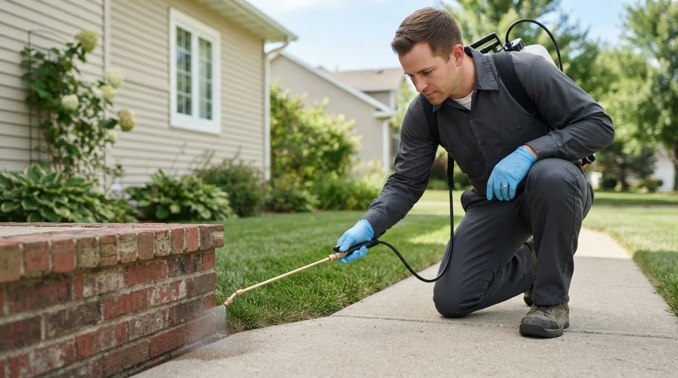 Pest control technician treating a home near Wartrace, TN